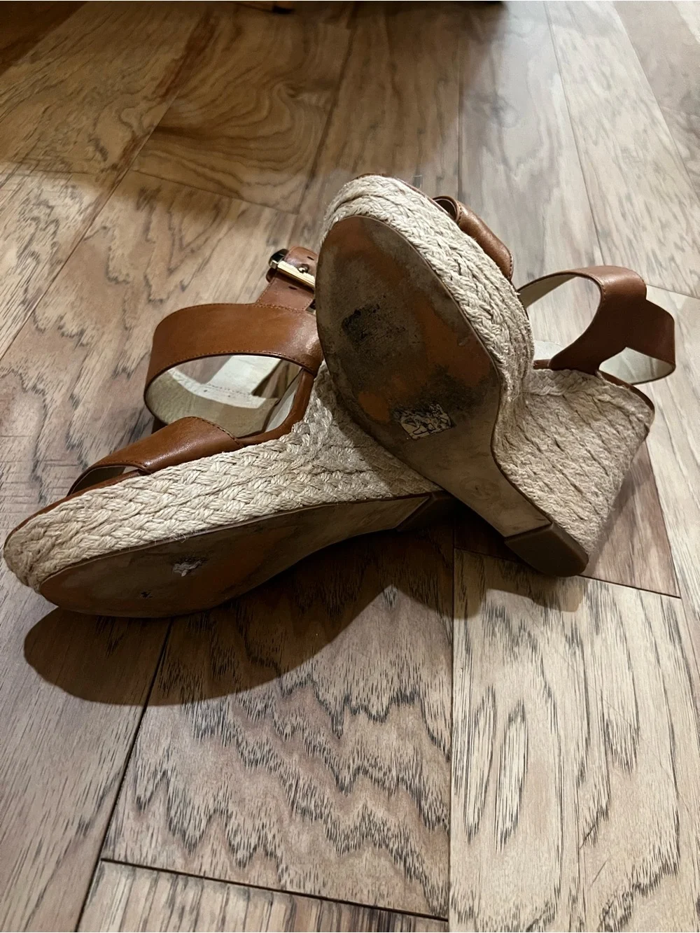 Michael Kors Poesy Tan Leather Espadrille Wedge Sandals